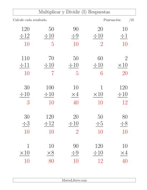 La hoja de ejercicios de Multiplicar y Dividir por 10, Formato Grande, 25 Ejercicios por Página (I) Página 2