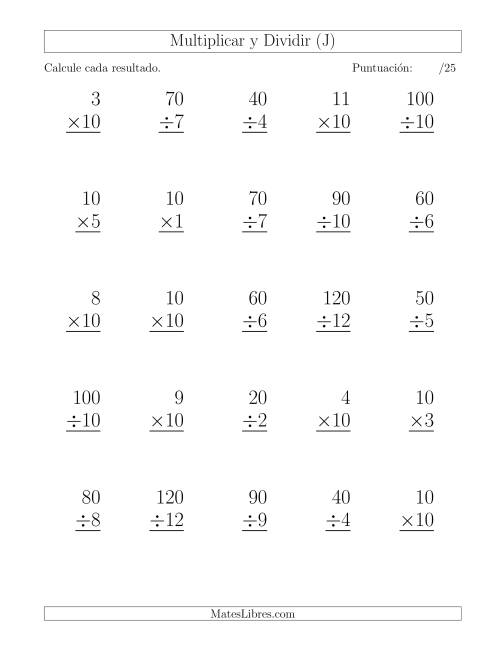 La hoja de ejercicios de Multiplicar y Dividir por 10, Formato Grande, 25 Ejercicios por Página (J)