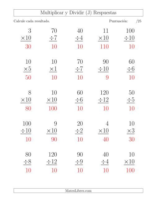 La hoja de ejercicios de Multiplicar y Dividir por 10, Formato Grande, 25 Ejercicios por Página (J) Página 2