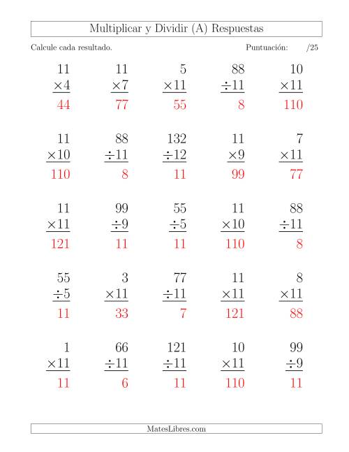 La hoja de ejercicios de Multiplicar y Dividir por 11, Formato Grande, 25 Ejercicios por Página (A) Página 2