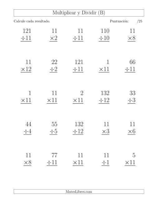 La hoja de ejercicios de Multiplicar y Dividir por 11, Formato Grande, 25 Ejercicios por Página (B)