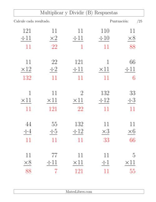 La hoja de ejercicios de Multiplicar y Dividir por 11, Formato Grande, 25 Ejercicios por Página (B) Página 2