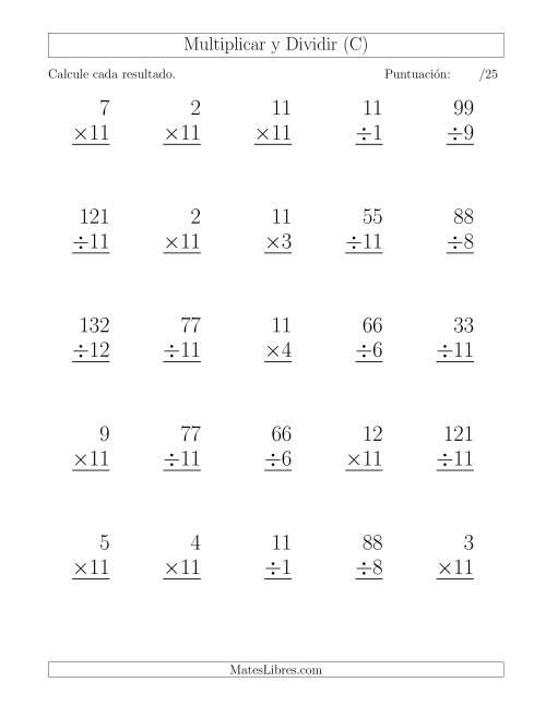 La hoja de ejercicios de Multiplicar y Dividir por 11, Formato Grande, 25 Ejercicios por Página (C)