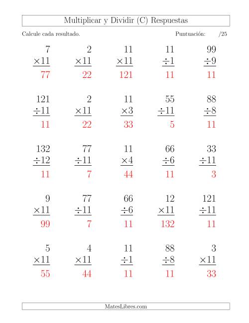 La hoja de ejercicios de Multiplicar y Dividir por 11, Formato Grande, 25 Ejercicios por Página (C) Página 2