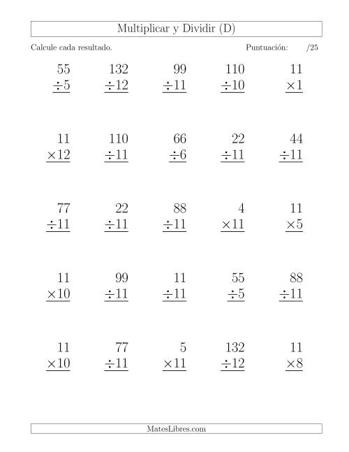La hoja de ejercicios de Multiplicar y Dividir por 11, Formato Grande, 25 Ejercicios por Página (D)