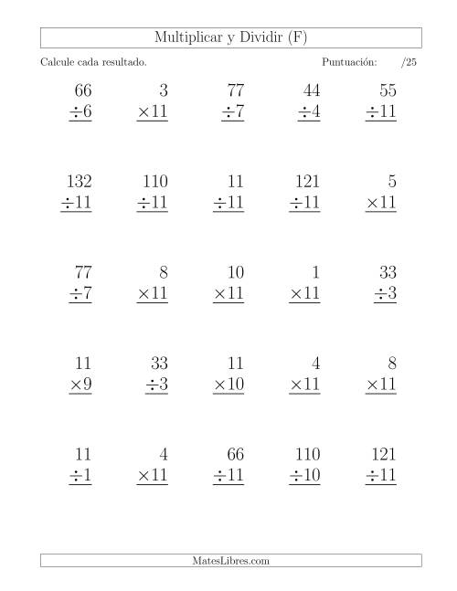 La hoja de ejercicios de Multiplicar y Dividir por 11, Formato Grande, 25 Ejercicios por Página (F)