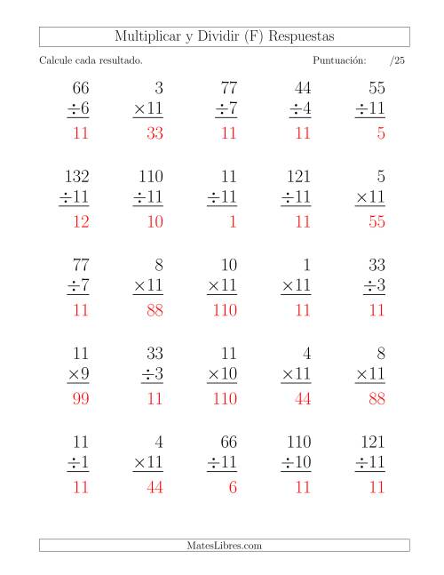 La hoja de ejercicios de Multiplicar y Dividir por 11, Formato Grande, 25 Ejercicios por Página (F) Página 2