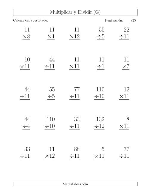 La hoja de ejercicios de Multiplicar y Dividir por 11, Formato Grande, 25 Ejercicios por Página (G)