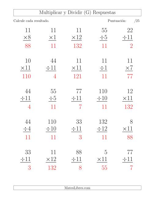 La hoja de ejercicios de Multiplicar y Dividir por 11, Formato Grande, 25 Ejercicios por Página (G) Página 2
