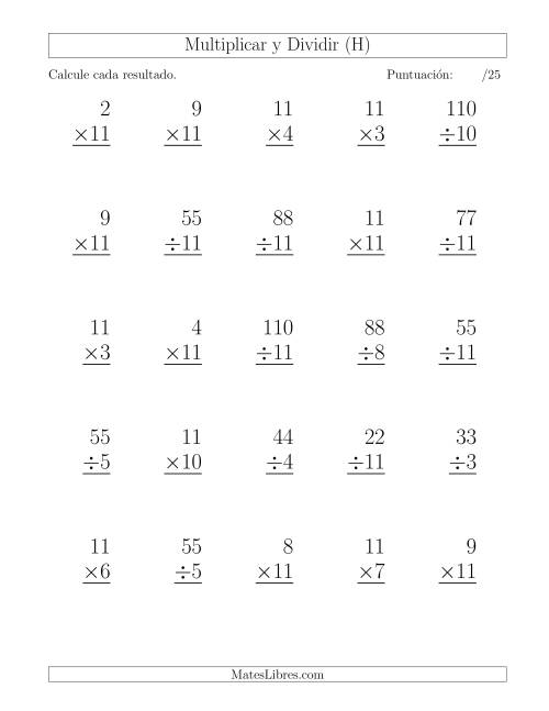La hoja de ejercicios de Multiplicar y Dividir por 11, Formato Grande, 25 Ejercicios por Página (H)