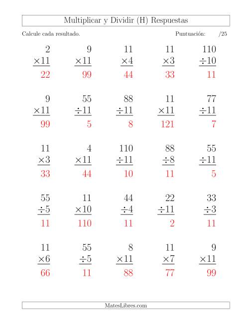 La hoja de ejercicios de Multiplicar y Dividir por 11, Formato Grande, 25 Ejercicios por Página (H) Página 2