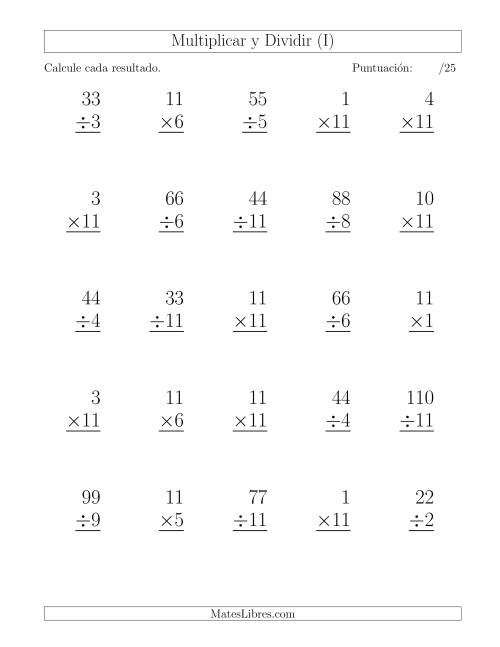 La hoja de ejercicios de Multiplicar y Dividir por 11, Formato Grande, 25 Ejercicios por Página (I)