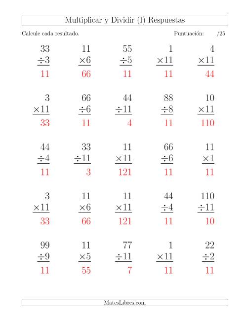 La hoja de ejercicios de Multiplicar y Dividir por 11, Formato Grande, 25 Ejercicios por Página (I) Página 2