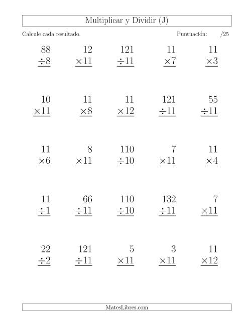 La hoja de ejercicios de Multiplicar y Dividir por 11, Formato Grande, 25 Ejercicios por Página (J)