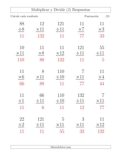 La hoja de ejercicios de Multiplicar y Dividir por 11, Formato Grande, 25 Ejercicios por Página (J) Página 2