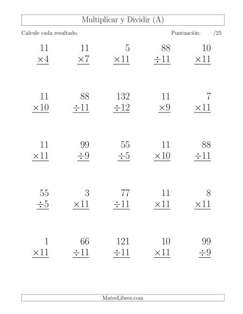 La hoja de ejercicios de Multiplicar y Dividir por 11, Formato Grande, 25 Ejercicios por Página (Todas)