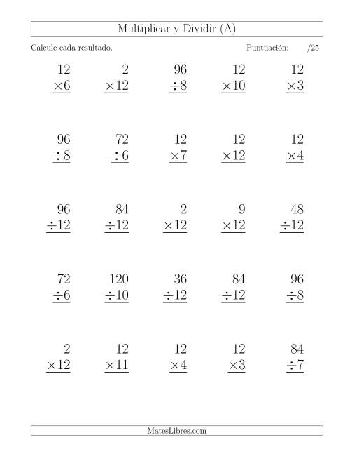 La hoja de ejercicios de Multiplicar y Dividir por 12, Formato Grande, 25 Ejercicios por Página (A)