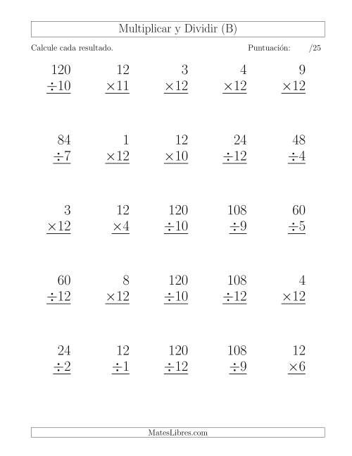 La hoja de ejercicios de Multiplicar y Dividir por 12, Formato Grande, 25 Ejercicios por Página (B)