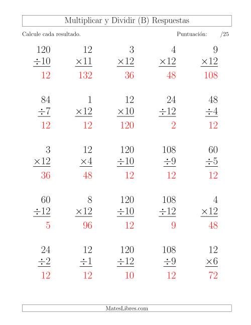 La hoja de ejercicios de Multiplicar y Dividir por 12, Formato Grande, 25 Ejercicios por Página (B) Página 2