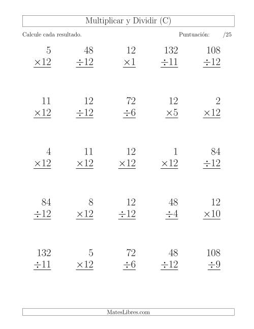 La hoja de ejercicios de Multiplicar y Dividir por 12, Formato Grande, 25 Ejercicios por Página (C)