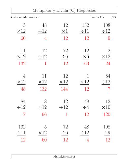 La hoja de ejercicios de Multiplicar y Dividir por 12, Formato Grande, 25 Ejercicios por Página (C) Página 2
