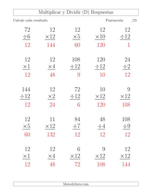 La hoja de ejercicios de Multiplicar y Dividir por 12, Formato Grande, 25 Ejercicios por Página (D) Página 2