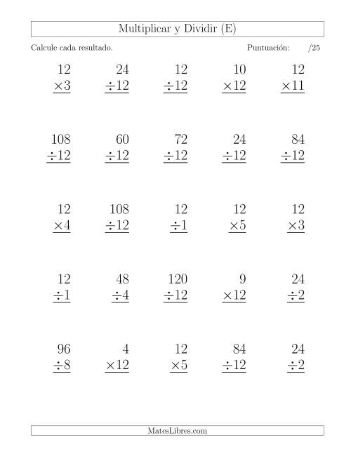 La hoja de ejercicios de Multiplicar y Dividir por 12, Formato Grande, 25 Ejercicios por Página (E)