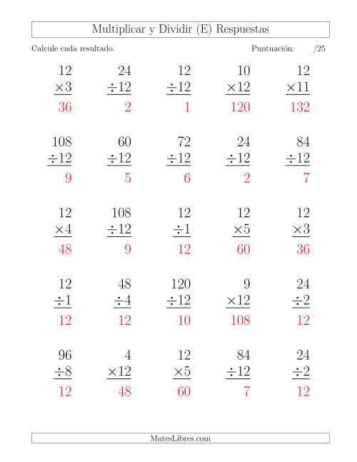 La hoja de ejercicios de Multiplicar y Dividir por 12, Formato Grande, 25 Ejercicios por Página (E) Página 2