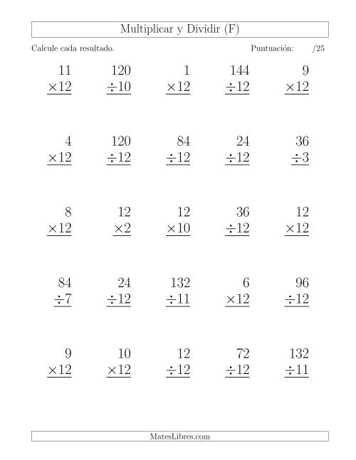 La hoja de ejercicios de Multiplicar y Dividir por 12, Formato Grande, 25 Ejercicios por Página (F)