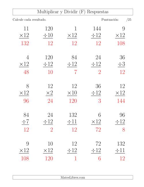 La hoja de ejercicios de Multiplicar y Dividir por 12, Formato Grande, 25 Ejercicios por Página (F) Página 2