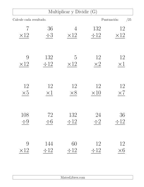 La hoja de ejercicios de Multiplicar y Dividir por 12, Formato Grande, 25 Ejercicios por Página (G)