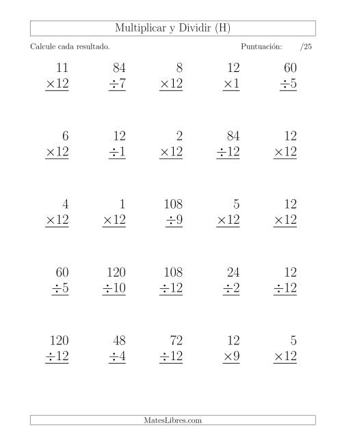 La hoja de ejercicios de Multiplicar y Dividir por 12, Formato Grande, 25 Ejercicios por Página (H)
