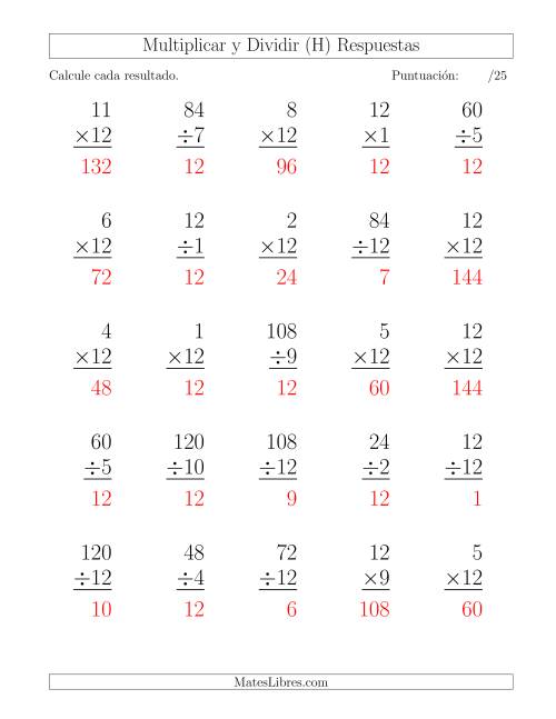 La hoja de ejercicios de Multiplicar y Dividir por 12, Formato Grande, 25 Ejercicios por Página (H) Página 2