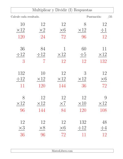 La hoja de ejercicios de Multiplicar y Dividir por 12, Formato Grande, 25 Ejercicios por Página (I) Página 2