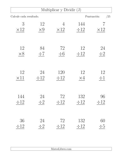 La hoja de ejercicios de Multiplicar y Dividir por 12, Formato Grande, 25 Ejercicios por Página (J)