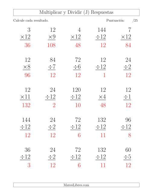 La hoja de ejercicios de Multiplicar y Dividir por 12, Formato Grande, 25 Ejercicios por Página (J) Página 2