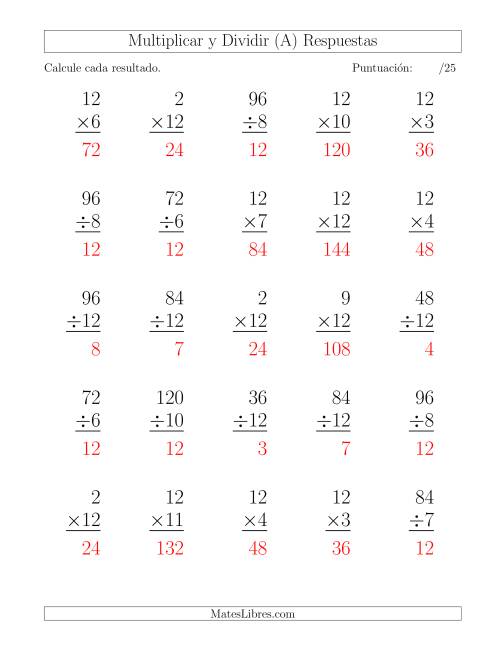 La hoja de ejercicios de Multiplicar y Dividir por 12, Formato Grande, 25 Ejercicios por Página (Todas) Página 2