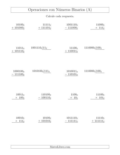 La hoja de ejercicios de Operaciones Mixtas con Números Binarios (Base 2) (A)