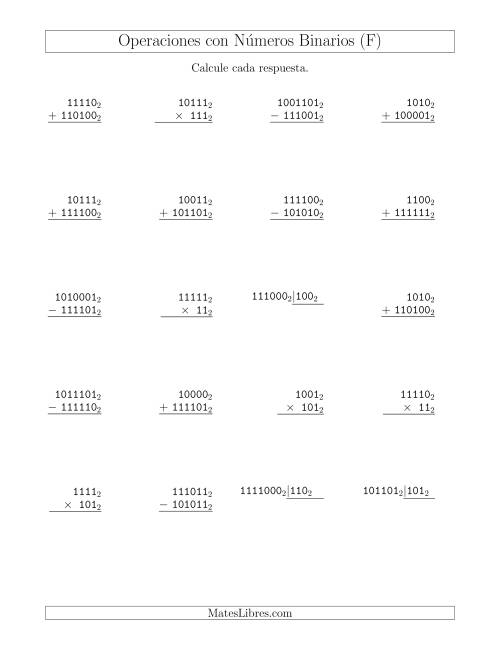 La hoja de ejercicios de Operaciones Mixtas con Números Binarios (Base 2) (F)
