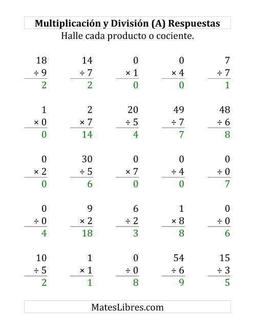 La hoja de ejercicios de 25 Ejercicios de Multiplicación y División (de 0 a 9) (A) Página 2