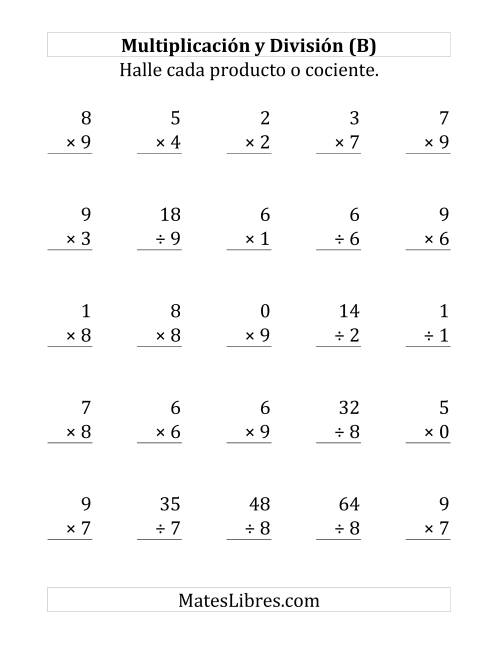 La hoja de ejercicios de 25 Ejercicios de Multiplicación y División (de 0 a 9) (B)