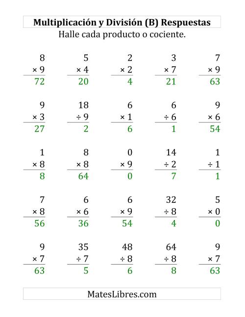 La hoja de ejercicios de 25 Ejercicios de Multiplicación y División (de 0 a 9) (B) Página 2
