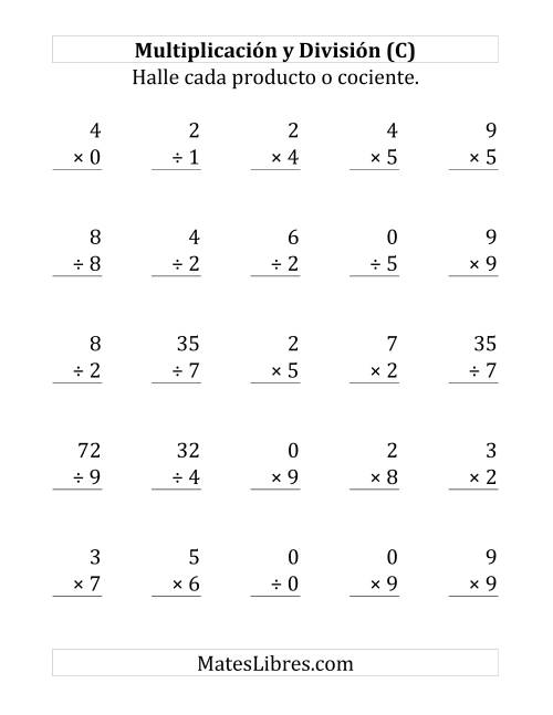 La hoja de ejercicios de 25 Ejercicios de Multiplicación y División (de 0 a 9) (C)