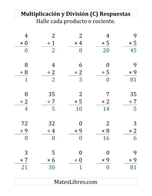 La hoja de ejercicios de 25 Ejercicios de Multiplicación y División (de 0 a 9) (C) Página 2