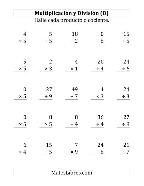 La hoja de ejercicios de 25 Ejercicios de Multiplicación y División (de 0 a 9) (D)
