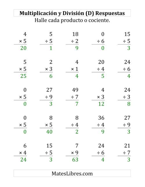 La hoja de ejercicios de 25 Ejercicios de Multiplicación y División (de 0 a 9) (D) Página 2