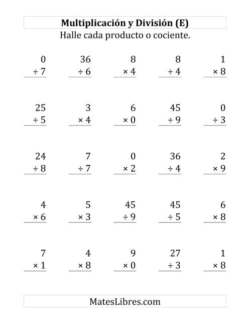La hoja de ejercicios de 25 Ejercicios de Multiplicación y División (de 0 a 9) (E)