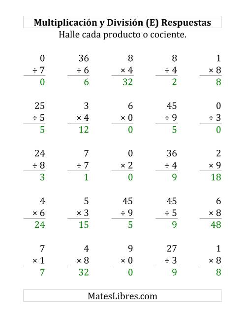 La hoja de ejercicios de 25 Ejercicios de Multiplicación y División (de 0 a 9) (E) Página 2