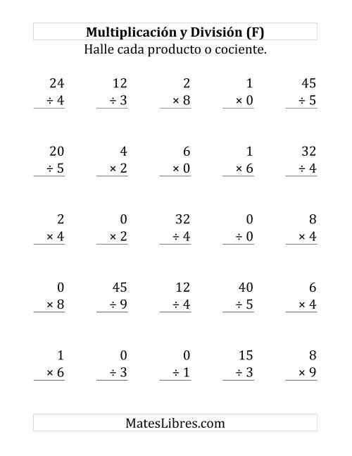 La hoja de ejercicios de 25 Ejercicios de Multiplicación y División (de 0 a 9) (F)