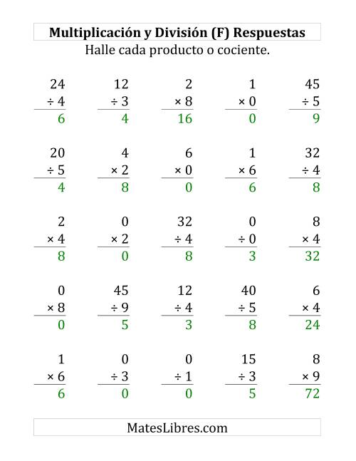 La hoja de ejercicios de 25 Ejercicios de Multiplicación y División (de 0 a 9) (F) Página 2